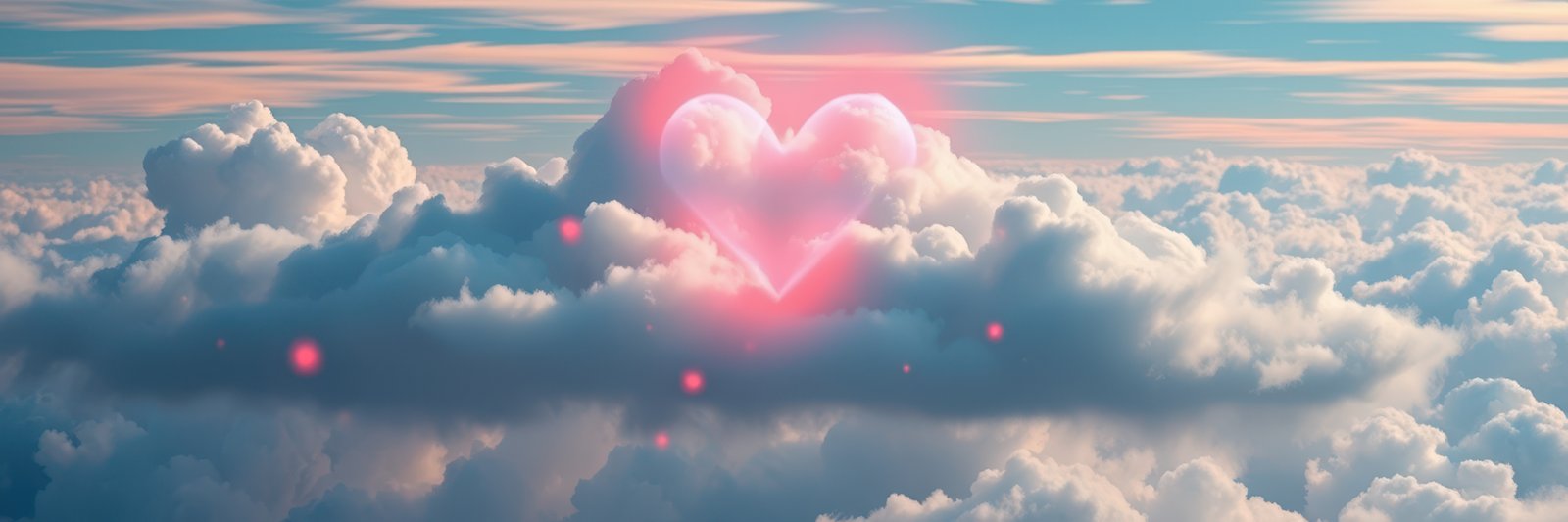 A luminous pink heart shape is seen embedded in a mass of soft, white clouds